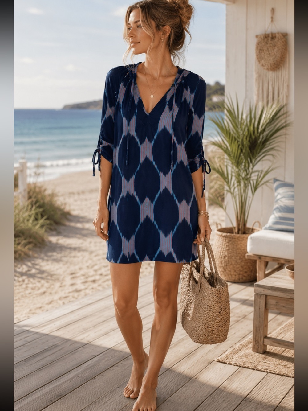 Rachel Pally - Navy, Red, Light Blue Pattern - 3/4 Tie Sleeve Dress - Size XS